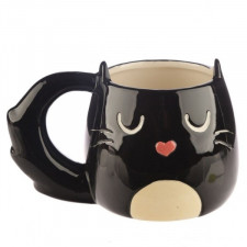 Czarny Kot z długim ogonem - porcelanowy kubek z uchwytem
