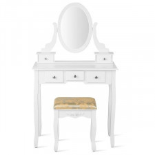 drewniana toaletka z obrotowym lustrem i białym tapicerowanym stołkiem