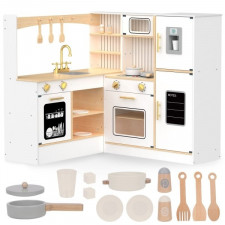 Drewniana, interaktywna kuchnia narożna XXXL z lodówką, mikrofalą, piekarnikiem, zmywarką i akcesori