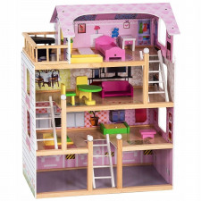 Drewniany domek dla lalek z balkonem i meblami