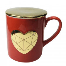 duży kubek do kawy i herbaty porcelanowy z pokrywką altom design złote serce 400 ml biały