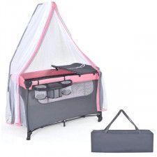 dwupoziomowe łóżeczko z matą do przewijania dziecka z moskitierą i kółkami oraz torbą do przenoszeni
