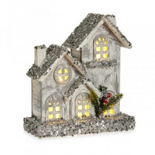 Figurka Dekoracyjna Boże Narodzenie Brokat Światło LED Dom 24 x 27,5 x 8 cm Szary Drewno Biały