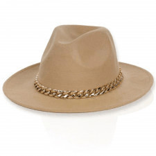 kapelusz filcowy damski beżowy ze złotym łańcuszkiem kp-01a