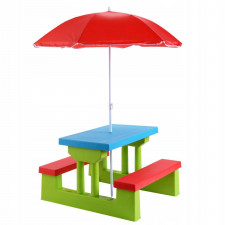 Ławki i stolik z parasolem ogrodowym zestaw dla dzieci