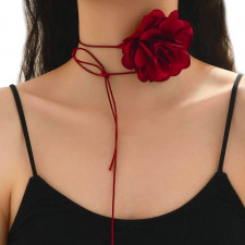 Naszyjnik CHOKER ozdobny KWIAT na szyję róża na rzemyku elegancki czerwony