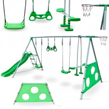 Ogrodowy plac zabaw dla dzieci XXXL z huśtawkami, zjeżdżalnią, trapezem gimnastycznym, koszem do kos