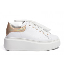 Sneakersy na platformie skórzane ze złotą neonową cholewką białe Sempre 23-392-36