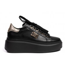 Sneakersy na platformie ze złotą cholewką skórzane czarne Sempre 23-397-36