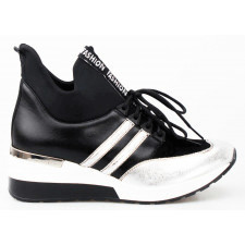 sneakersy skórzane na koturnie czarne srebrne aga-40