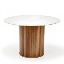 Stół okrągły Bruno120 x 76 cm, blat ceramika biały marmur, podstawa drewno lite kolor orzechowy 