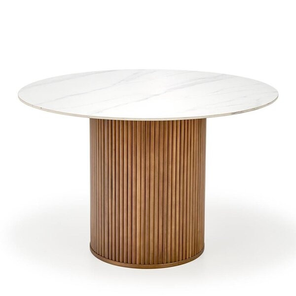 Stół okrągły Bruno120 x 76 cm, blat ceramika biały marmur, podstawa drewno lite kolor orzechowy 