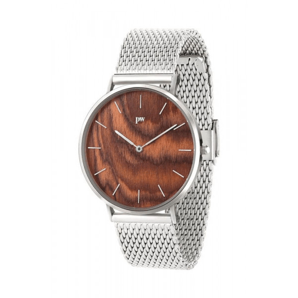 wyjątkowy drewniany zegarek na delikatnej bransolecie - plantwear (40mm, bransoleta - silver)