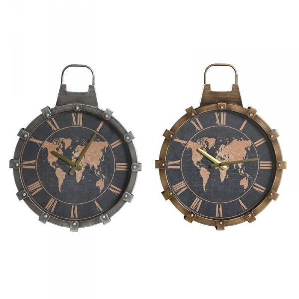 Zegar Ścienny DKD Home Decor 42 x 8,5 x 54 cm Szkło Srebrzysty Złoty Żelazo Mapa Świata (2 Sztuk)
