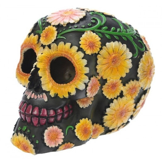 Czarna Meksykańska Czaszka ozdobiona kwiatami - figurka