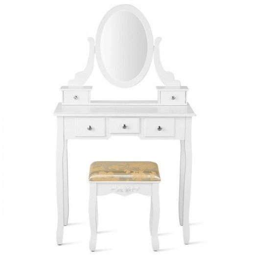 drewniana toaletka z obrotowym lustrem i białym tapicerowanym stołkiem