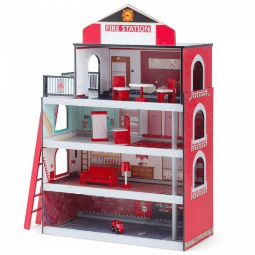 Drewniany domek - zabawkowa remiza strażacka z wyposażeniem