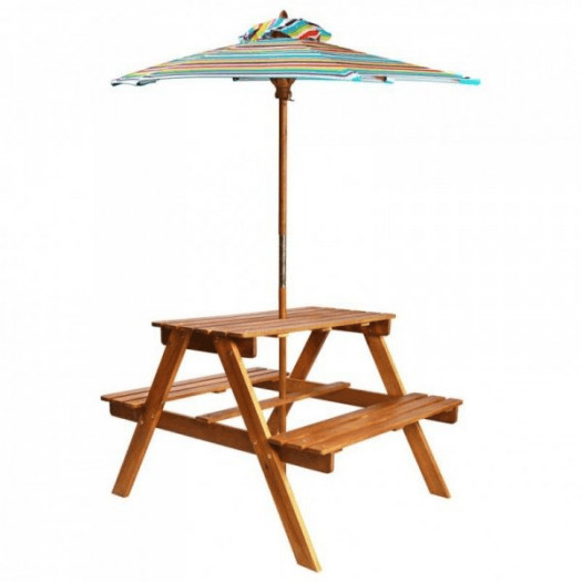 Dziecięcy stolik piknikowy z parasolem 79x90x60 cm, lita akacja
