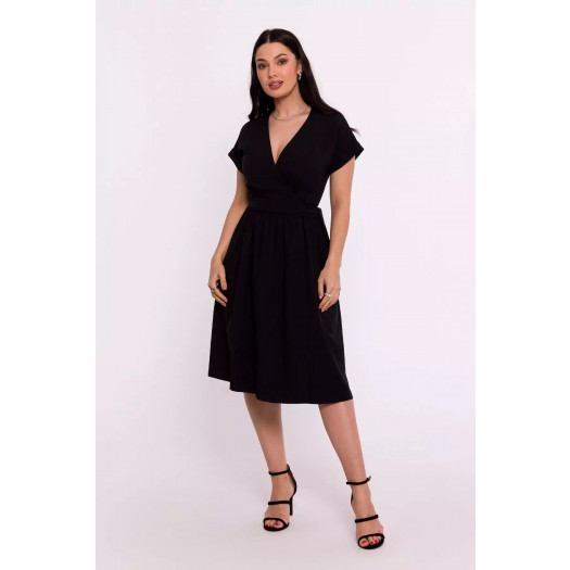 Elegancka sukienka z wiązaniem o rozkloszowanym dołem (Czarny, XL)
