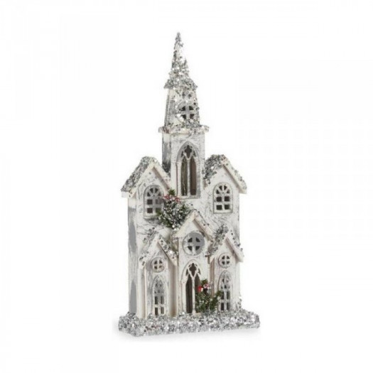 Figurka Dekoracyjna Boże Narodzenie Brokat Światło LED Dom 25,5 x 56,5 x 9,5 cm Szary Drewno Biały