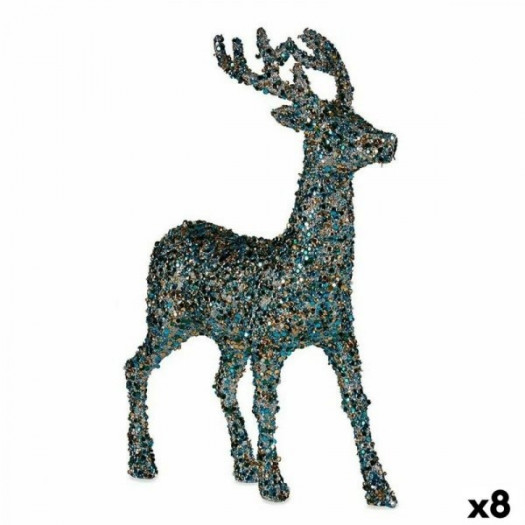 Figurka Dekoracyjna Świąteczny renifer Brokat Niebieski Złoty Plastikowy 15 x 45 x 30 cm (8 Sztuk)