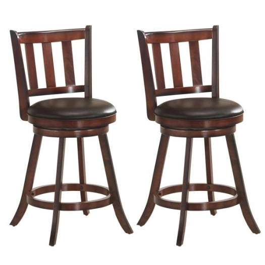 komplet 2 drewnianych tapicerowanych krzeseł barowych z oparciem i obrotowym siedziskiem