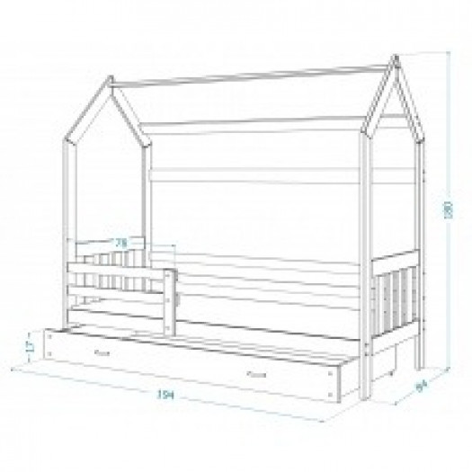 Łóżko drewniane 190x80 domek z szufladą i barierką