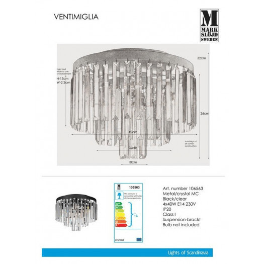 Markslojd ventimiglia 106563 plafon z kryształami 42cm 4x40w e14 czarny/mc