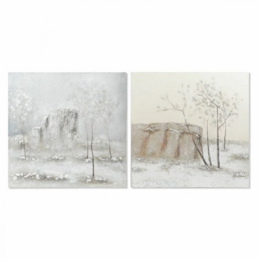 Obraz DKD Home Decor Płótno 100 x 3,8 x 100 cm Drzewa Cottage (2 Sztuk)