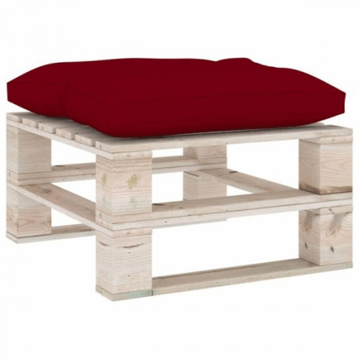 Ogrodowy stołek z palet z bordową poduszką, drewno sosnowe
