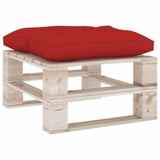 Ogrodowy stołek z palet z czerwoną poduszką, drewno sosnowe