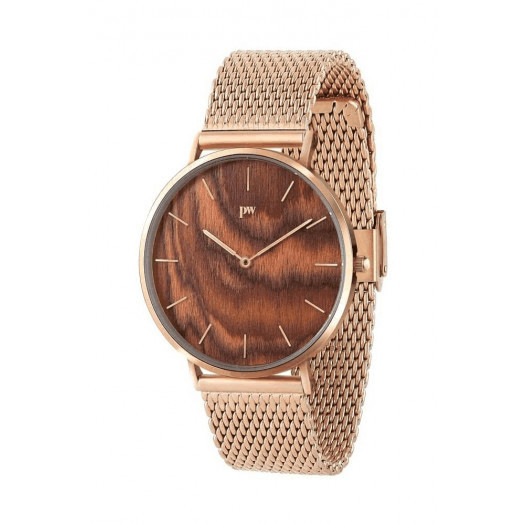 piękny drewniany zegarek na bransolecie w kolorze różowego złota - plantwear (40mm, bransoleta - ros