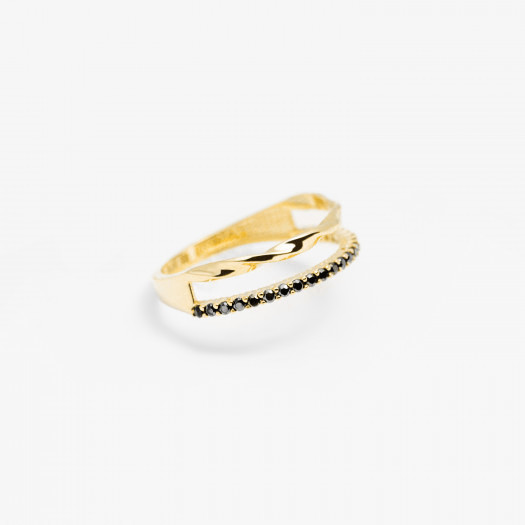 pierścionek podwójny skręcany z czarnymi cyrkoniami, złoty