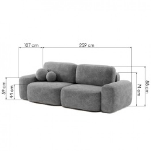 Sofa rozkładana Bold z pojemnikiem, szara, obłe kształty