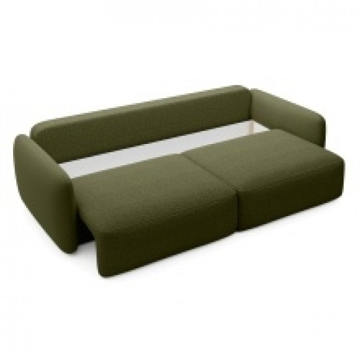 Sofa rozkładana Mossa oliwkowozielona z pojemnikiem, obłe kształty