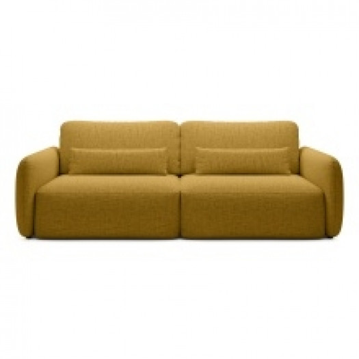 Sofa rozkładana Mossa z pojemnikiem, musztardowa, obłe kształty