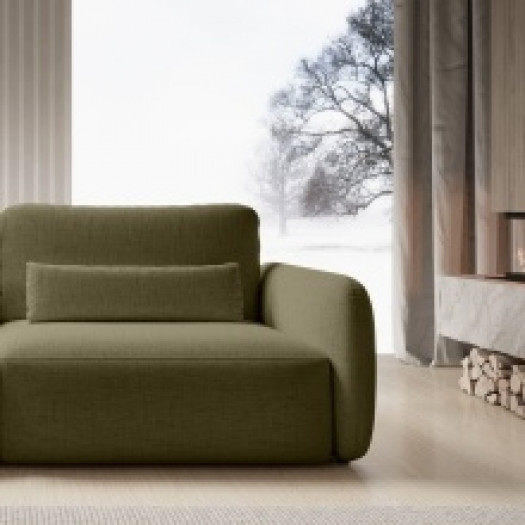 Sofa rozkładana Mossa z pojemnikiem, oliwkowozielona, obłe kształty