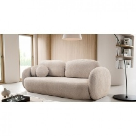 Sofa rozkładana Olio z pojemnikiem, beżowa, boucle, obłe kształty