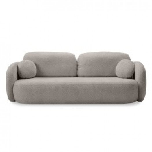 Sofa rozkładana Olio z pojemnikiem, beżowoszara, boucle, obłe kształty