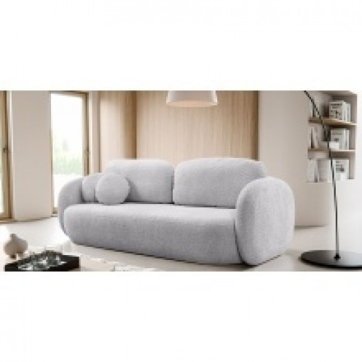 Sofa rozkładana Olio z pojemnikiem, jasnoszara, boucle, obłe kształty