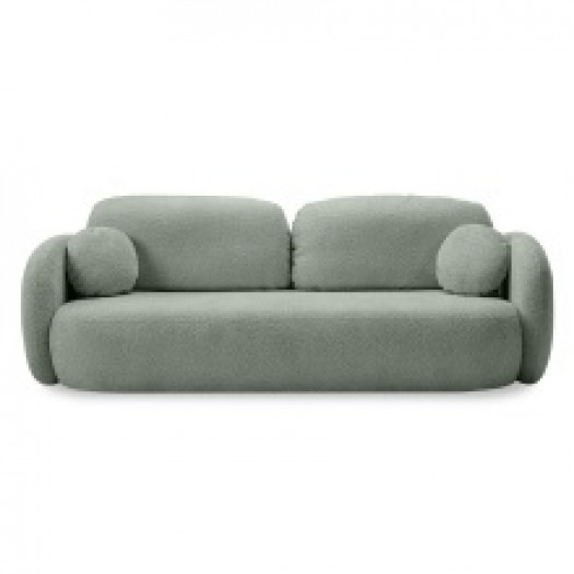 Sofa rozkładana Olio z pojemnikiem, szałwiowa, boucle, obłe kształty