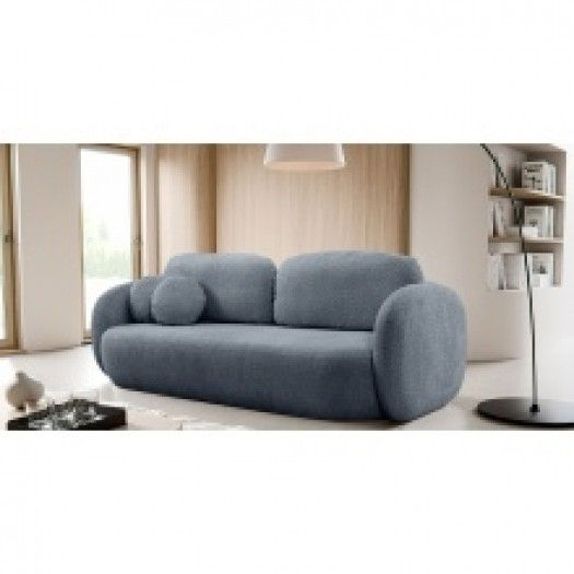Sofa rozkładana Olio z pojemnikiem, szaroniebieska, boucle, obłe kształty