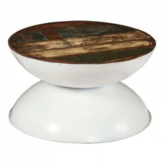 Stolik kawowy z drewna odzyskanego, biała podstawa, 60x60x33cm