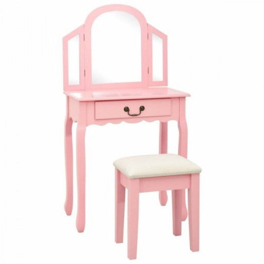 Toaletka ze stołkiem, różowa, 65x36x128cm, drewno paulowni, mdf