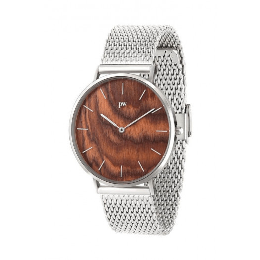 wyjątkowy drewniany zegarek na delikatnej bransolecie - plantwear (40mm, bransoleta - silver)