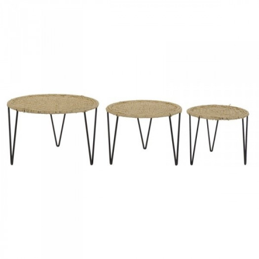 Zestaw 3 stołów DKD Home Decor Brązowy Czarny Naturalny Metal Sznurek 62 x 62 x 40 cm