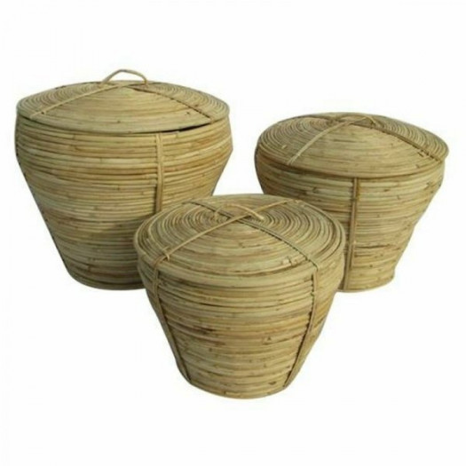 zestaw koszyków DKD Home Decor Z pokrywką Naturalny Rattan Tropikalny (3 Części) (35 x 35 x 30 cm)