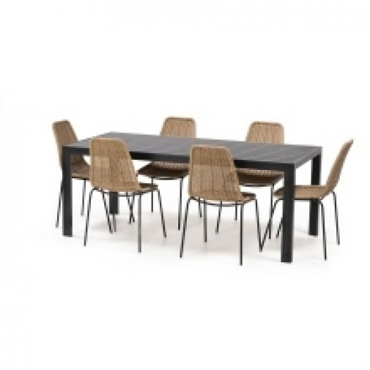 Zestaw ogrodowy Oazis stół 150 cm + 6 krzeseł, aluminiowy, czarny, polywood, technorattan